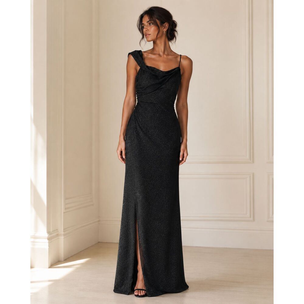 Cindy Collection USA Black Shimmer One Shoulder Formal Gown M NWT